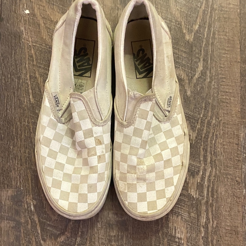 Vans Cream and Tan Checkered Slip-Ons